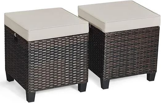 Tangkula 2 Pieces Outdoor Patio Ottoman, All Weather Rattan Wicker Ottoman Seat, Patio Rattan Furniture, Outdoor Footstool Footrest Seat w/Removable Cushions