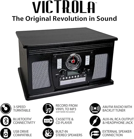 Victrola 8-in-1 Bluetooth Record Player & Multimedia Center, Built-in Stereo Speakers - Turntable, Wireless Music Streaming, Real Wood | Mahogany
