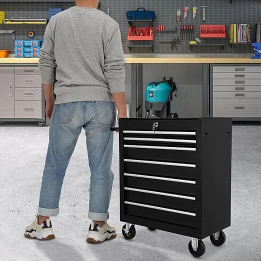 Tool Cart With Drawers,7 Drawers Locking Rolling Tool Chest with Wheels,Mechanic Tool Cabinets for Garage,Large Black Tool Box for Warehouse,Repair Shop