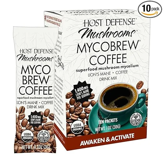 Host Defense MycoBrew Coffee - Instant Coffee Drink Mix - Coffee Powder that Includes Lion's Mushroom - Drink Mix with 100% Arabica Instant Coffee - Awaken and Activate, 10 Packets (10 Servings)
