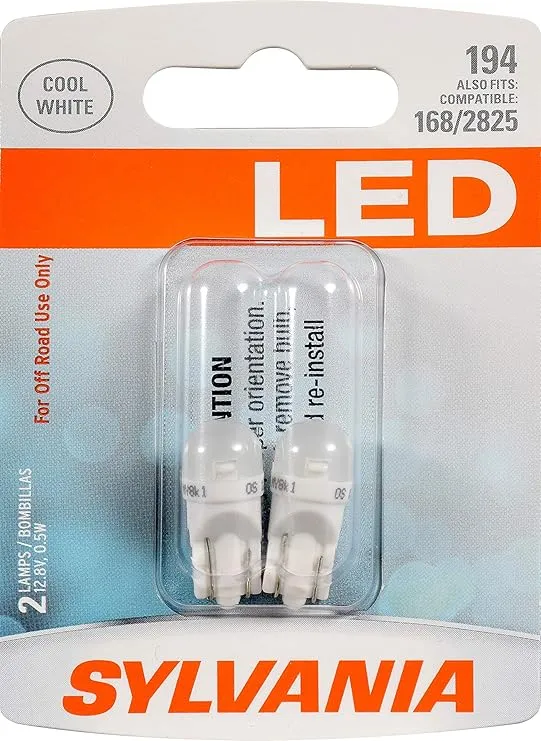 SYLVANIA - 194 T10 W5W LED White Mini Bulb - Bright LED Bulb, Ideal for Interior Lighting - Map, Dome, Cargo and License Plate (Contains 2 Bulbs)