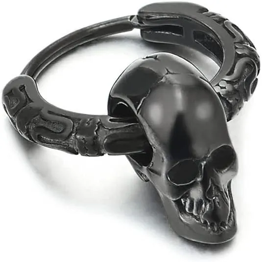 Mens Womens Stainless Steel Vintage Circle Huggie Hinged Hoop Earrings Dangle with Skulls, 2pcs