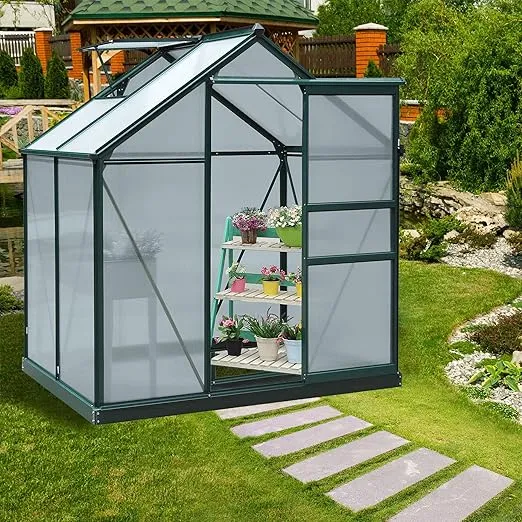 Outsunny 6' x 4' Greenhouse for Outdoors, Polycarbonate Greenhouse with Rain Gutter and Roof Vent, Aluminum Walk-in Green Houses for Outside for Patio Backyard Garden, Dark Green