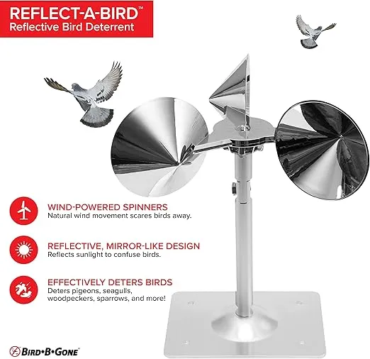 Bird B Gone - Reflect-A-Bird - Reflective Spinning Deterrent - Repels Pigeons, Sparrows, & Woodpeckers - Wind Powered - for Gardens, Railings, Roofs, Etc - Weatherproof Aluminum - Adjustable Neck