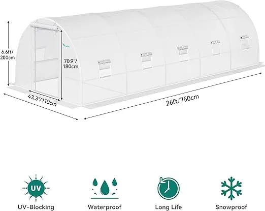 YITAHOME 26'x10'x6.5' Greenhouses Heavy Duty Large Greenhouses Walk in Green Houses Tunnel Green House Outdoor Gardening Upgraded Galvanized Steel Ropes Zipper Doors, White