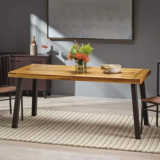 Christopher Knight Home Della Acacia Wood Dining Table, Natural Stained with Rustic Metal, 32.25 in x 69 in x 29.5 in, Brown, Grey