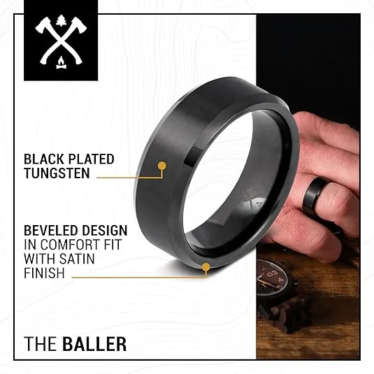 Manly Bands | The Baller | Black Mens Wedding Band | Ring Sizes 5-17 | 8mm Width | Mens Tungsten Wedding Band | Unique Mens Wedding Ring | Black Ring for Men | Mens Comfort Fit Wedding Band