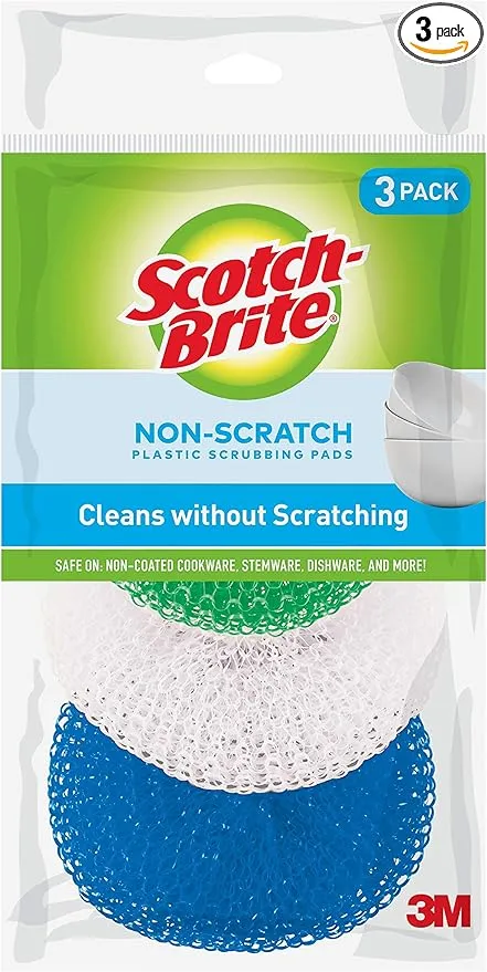 Scotch-Brite Non-Scratch Plastic Scrubbing Pads, Cleans Dishes Without Scratching, 3 Scrubbing Pads