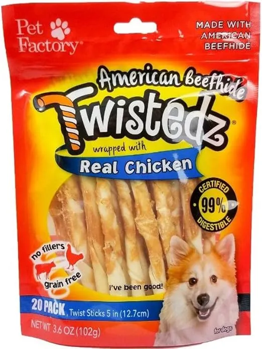 Pet Factory Twistedz American Beefhide 5" Twist Sticks Dog Chew Treats w/ Real Chicken Meat Wrap - 20 Count/1 Pack