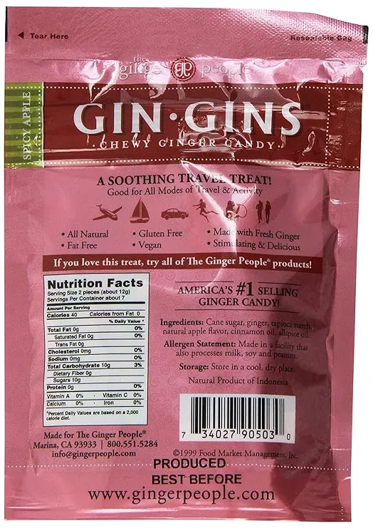GIN GINS Apple Chewy Ginger Candy by The Ginger People - Anti-Nausea and Digestion Aid, Individually Wrapped Healthy Candy – Spicy Apple Flavor, 3 oz Bags - Pack of 3 (9 oz)