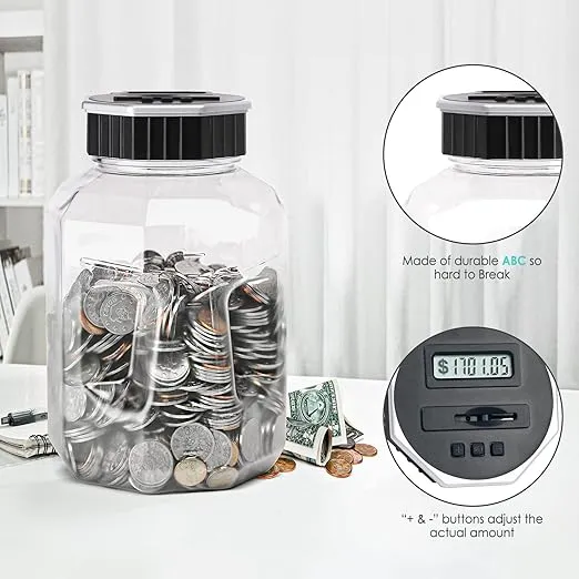 X-Large Piggy Bank for Adults Kids, Vcertcpl Digital Coin Counting Bank with LCD Counter, 2.4L Capacity, Great Coin Counter Bank Money Counting Jar with Total Amount Displayed (Silver, X-Large)