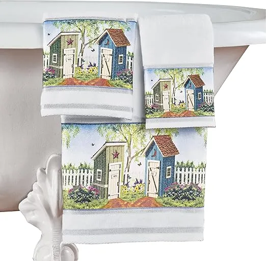 Collections Etc His & Her Garden Outhouse Scene 3-Piece Bath Towel, Hand Towel, Washcloth Bathroom Towel Set - 48"L x 24"W Bath Towel, 25"L x 16"W Hand Towel and a 12"Sq. Washcloth - Machine Washable