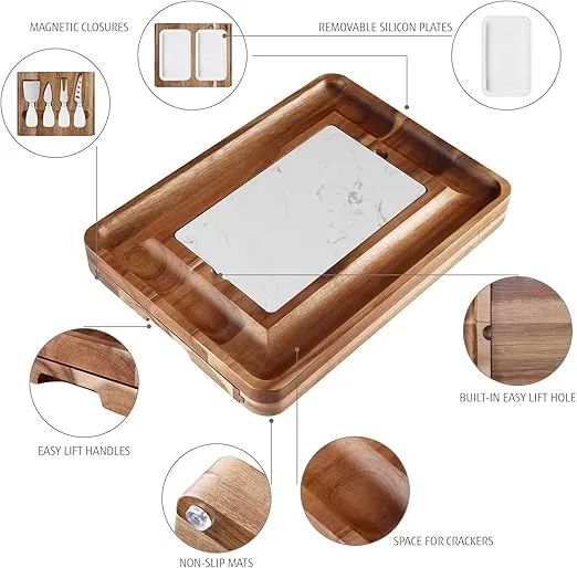 hecef Cheese Board Set Acacia Wood - Large Charcuterie Board with Stainless Steel Knife Set, Thick Wooden Server - Fancy House Warming, Birthday Choice for Gourmets