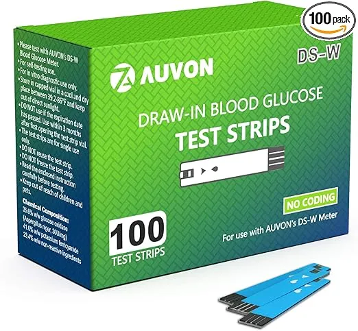 AUVON DS-W Draw-in Blood Glucose Test Strips for use with AUVON DS-W Diabetes Sugar Testing Meter (No Coding Required, 100 Count)