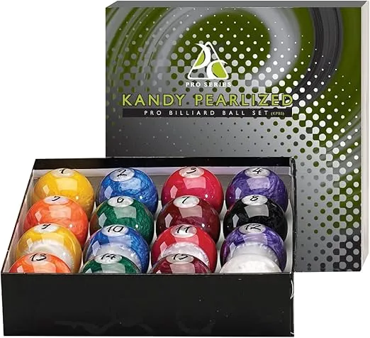 Kandy Pearl Billiards Ball Set - Hi-Gloss, Swirl Marbleized 16 Piece Pool Balls - Full 2 1/4 Size (Lighter Than Regulation Weight) Wet Look and Brilliant Colors KPBS