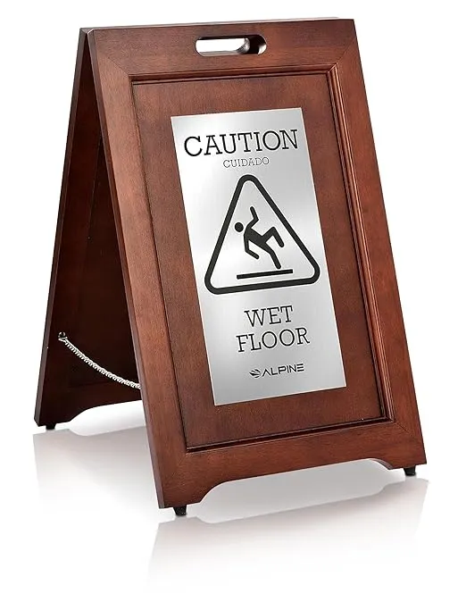 Alpine Industries 2-Sided Wooden Wet Floor Sign with Stainless Steel Plating - Double Sided Bilingual A-Frame Warning Notice - Portable Hangable Safety Alert for Bathrooms, Restaurants, and More