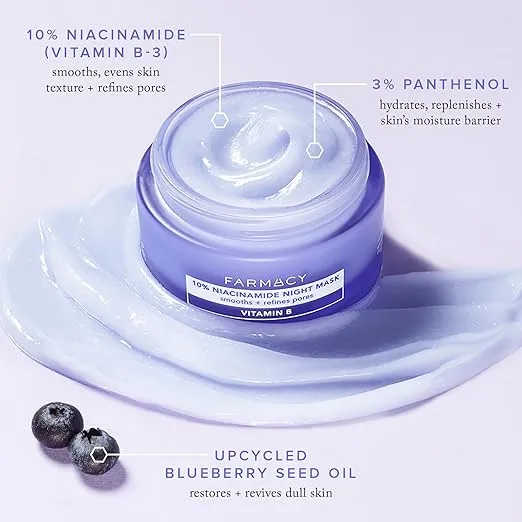 Farmacy Niacinamide Overnight Face Mask - Pore Refining Facial Mask with 10% Niacinamide - Replenishes Moisture Barrier with 3% Panthenol + Blueberry Seed Oil for Soft, Supple Skin (25ml)