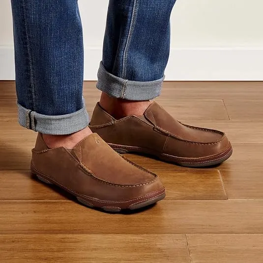 OLUKAI Moloa Men's Leather Slip On Shoes, Waxed Nubuck Leather & Soft Moisture-Wicking Lining, Drop-in Heel & All Weather Rubber Soles