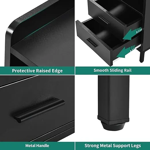 YITAHOME Nightstand with Charging Station and LED Lights, End Side Table with 2 Drawers, Modern Bedside Table for Bedroom with USB Ports and Outlets, Open Storage, Set of 2, Black