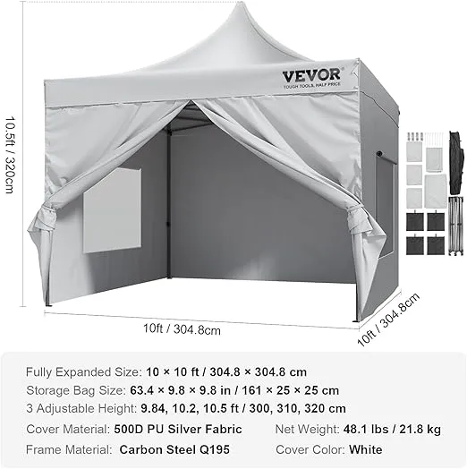 VEVOR 10x10 FT Pop up Canopy with Removable Sidewalls, Instant Canopies Portable Gazebo & Wheeled Bag, UV Resistant Waterproof, Enclosed Canopy Tent for Outdoor Events, Patio, Backyard, Party, Camping