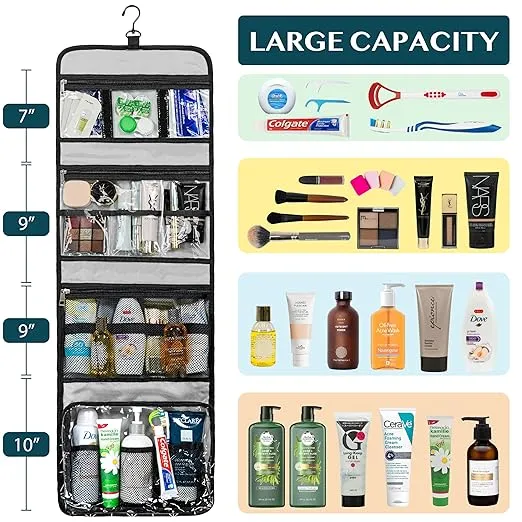 PAVILIA Travel Hanging Toiletry Bag for Women Men, Extra Large Capacity Makeup Bag Kit, Waterproof Cosmetic Storage Organizer Case for Bathroom Shower, Black Chevron