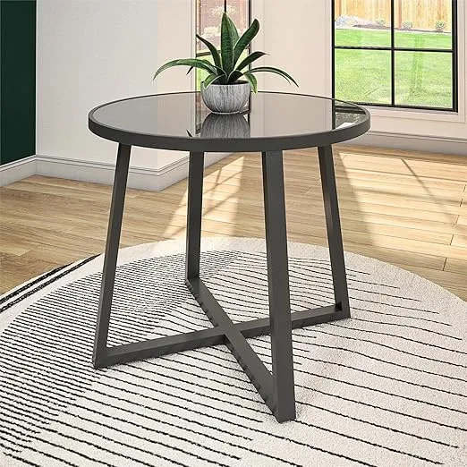 COSCO 35" Round Dining Table, Glass Top, Indoor/Outdoor, Dark Gray