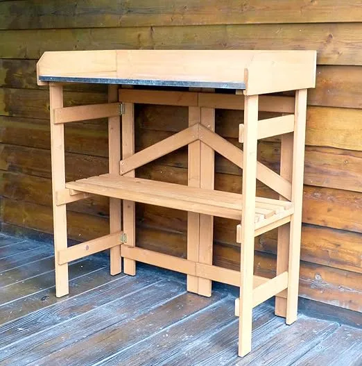 Merry Garden Folding Utility Table & Potting Bench, Natural Stained with Adjustable Shelf