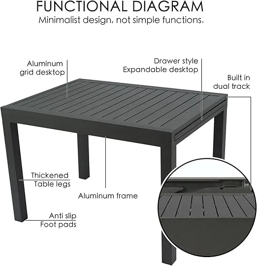 Kozyard Villa Expandable Patio Dining Table - Adjustable, Aluminum Outdoor Furniture for 4-6 Person, Perfect for Backyard, Porch, Deck, Garden - Dark Grey, 43"- 86"