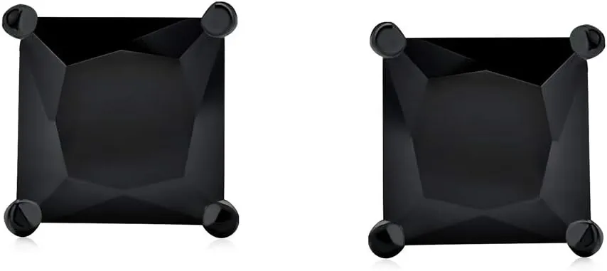 Black or Clear Brilliant Cut Square Princess Solitaire AAA CZ Stud Earrings For Men Women Secure Screw back Black Plated .925 Sterling Silver 5 6 7 8 9 MM