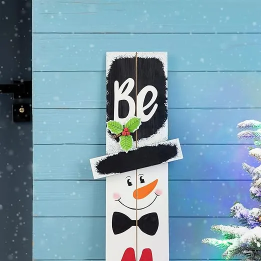 Glitzhome 42" H Wooden Welcome Sign Snowman Vertical Porch Sign Farmhouse Merry Hanging Signs Christmas Decorations for Front Door Wall Display
