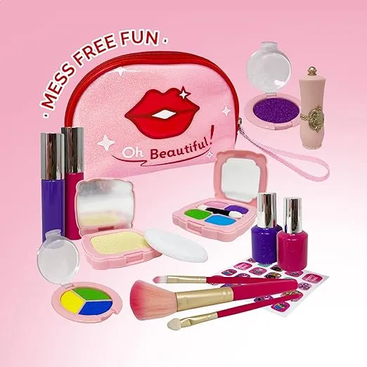 Kids Makeup Kit for Girl, Fake Makeup for Kids, Little Girls Makeup Set, Play Makeup Kit for Girls, Toddler Makeup Kit with Kid Makeup for Girls, Accessories, Cosmetic Bag, Toy Makeup Set for Girls 3+