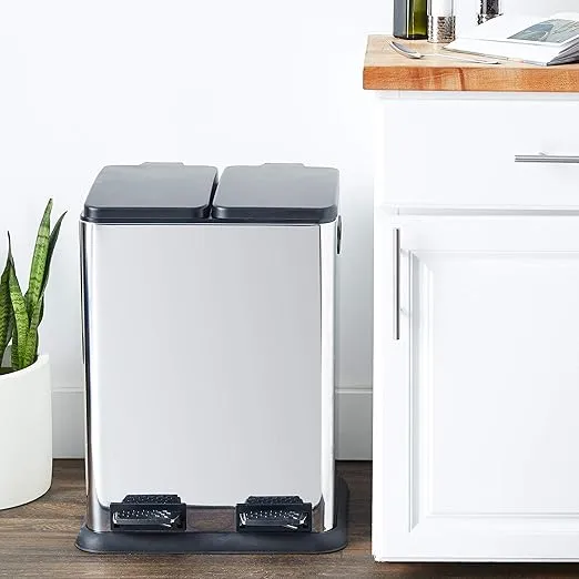 Organize It All Dual Compartment Step on Recycling Trash Can-Stainless Steel, 10-14 Gallons, Black