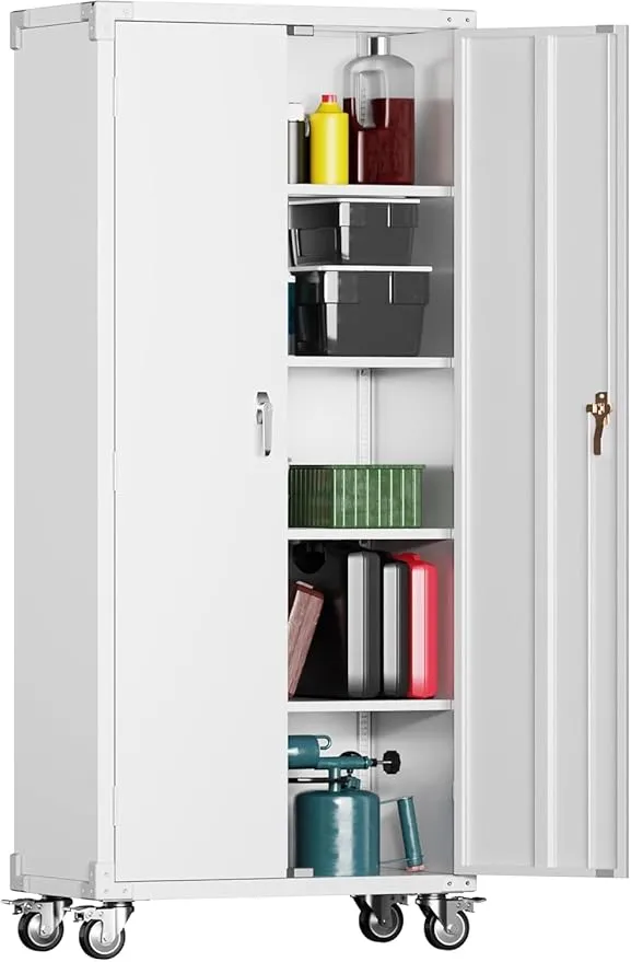 Aobabo Garage Storage Cabinet with Wheels,72" H Metal Storage Cabinet with 2 Doors and 4 Adjustable Shelves for Garage Home Storage, White,Required-Assembly