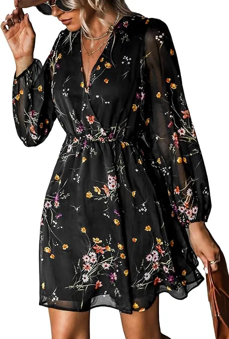 CUPSHE Fall Dresses for Women V Neck Chiffon A Line Mini Dress Long Peasant Sleeves Casual Dress