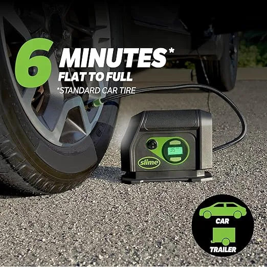 Slime 40051 Tire Inflator, Portable Car Air Compressor, Inflate Right automatic shut off, with Digital 99 psi Display, Long Hose and LED Light, 12V, 6 min inflation