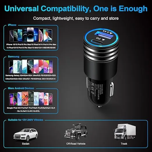 Fast Charging USB C Car Charger for iPhone 16 15 14 13 12 Pro Max SE XR XS X Samsung Galaxy S24 S23 S22 S21 S20 Note20 Google Pixel 9/8 Pro/7a/7 Pro/6a/6/5/4a/4/3,2Pack 30W PD+2.4A Type C Car Adapter