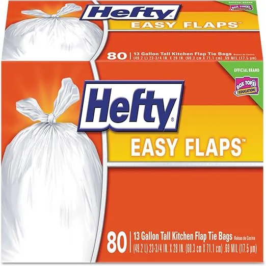 Hefty E84563 Easy Flaps Trash Bags, 13 gal, 0.8 mil, 23.75-Inch x 28-Inch, White, 80/Box