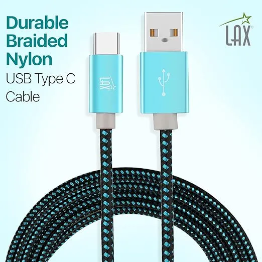 LAX Gadgets USB C Cable - Nylon Braided USB-C Charging Cable & Data Transferring - USB A to USB C Compatible with Android Phones, Google Pixel, Apple MacBook & Samsung Galaxy Phones - 6ft - Aqua