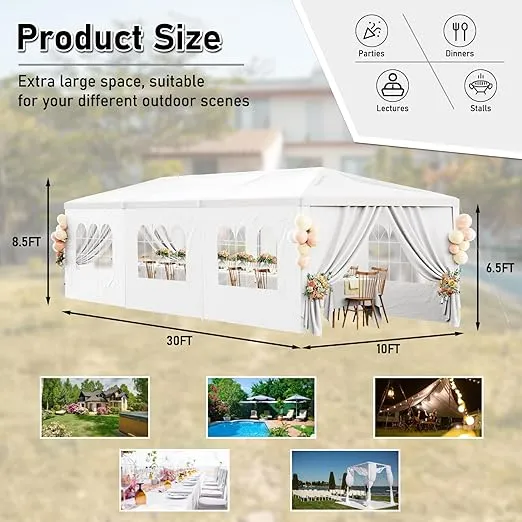 10x30FT White Party Tent Outdoor Canopy Tent Heavy Duty Wedding Tent Waterproof Patio Gazebo Event Tents for Parties with 8 Removable Sidewalls Perfect for Birthday Holiday Christmas BBQ