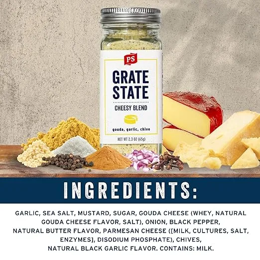 PS Seasoning Grate State- Cheesy Seasoning Blend, All-Purpose Cheese Seasoning for Popcorn, Nachos, & Garlic Bread, Cheese Flavor Seasoning with Gouda, Garlic & Chives
