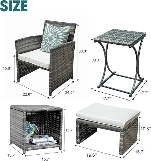 OC Orange-Casual 6 Piece Patio Furniture Conversation Set with Ottoman, Outdoor Grey Wicker Chair and Table Set, Balcony Furniture for Apartments, White