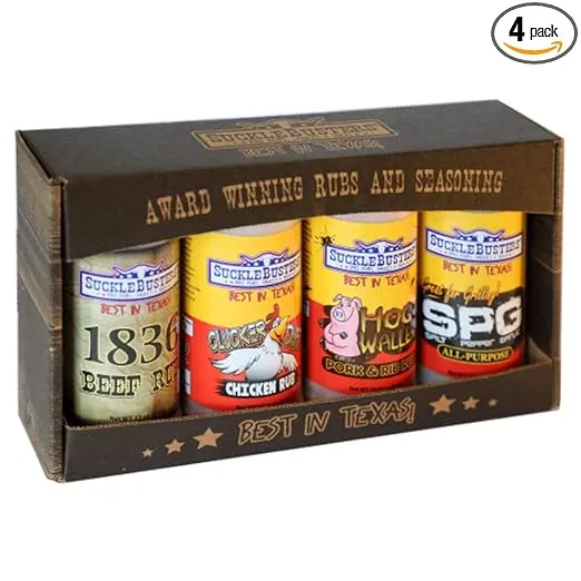 SuckleBusters Texas BBQ Rub Gift Box: Best BBQ Rubs for All-Purpose, Beef, Chicken, Pork & Fish, Grilling and Smoking, Gluten-Free, No MSG Shaker (4 Pack Set)