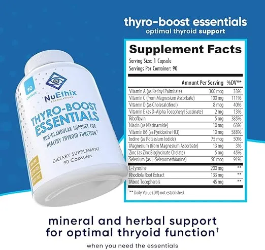 NuEthix Formulations Thyro-Boost Essentials, Non-Glandular Support to Assist with Optimal Thyroid Function, 90 Capsules