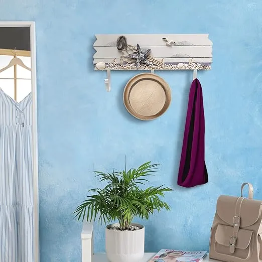 MyGift 3 Hook Coastal Style Wall Mounted Entryway Coat Rack, Decorative Nautical Beach Starfish and Seashell Theme Wood Panel with White Metal Jacket Hanging Hooks