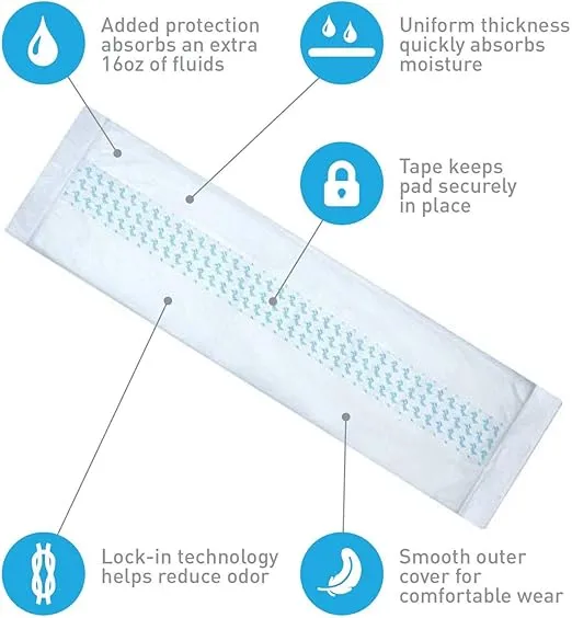 Adult Diaper Booster Pad Liner Insert with Adhesive for Men or Women (Large Size) - 16 Ounce Absorbent Day and Night Doubler (25 Count) by BrightCare