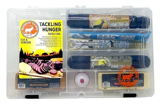 PEARSON RANCH SINCE 1959 Tackling Hunger Tacklebox Exotic Meat Gift Set Includes Elk and Venison Summer Sausage,2 Blocks of Cheese, 2 Meat Sticks and Fishing Bobber - Charcuterie Gift for Him