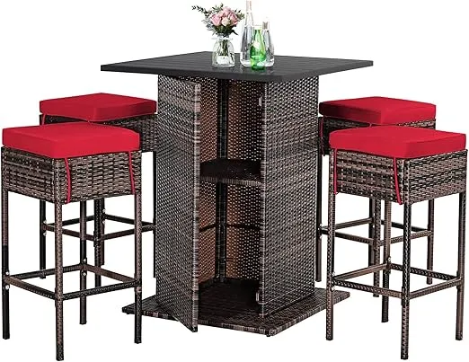 Tangkula 5 Piece Outdoor Rattan Bar Set, Patio Bar Furniture with 4 Cushions Stools and Smooth Top Table with Hidden Storage Shelf, Outdoor Conversation Set for Poolside, Backyard, Lawn (Red)