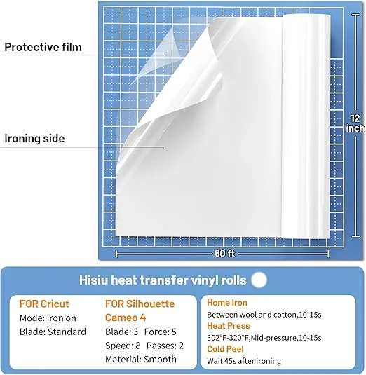 Heat Transfer Vinyl 12" x 60ft Iron on Vinyl Roll, White HTV Heat Press Vinyl for Cutter Machine, HTV Fabric Vinyl for Shirts, Easy to Cut for Heat Vinyl Design