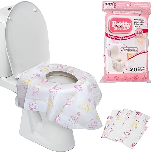 Disposable Toilet Seat Covers for Kids & Adults (20 Pack) Germ Protect from Public Toilets - Waterproof, Plastic Lined for No Soak Thru, XL to Cover the WHOLE Toilet -Pink/Floral