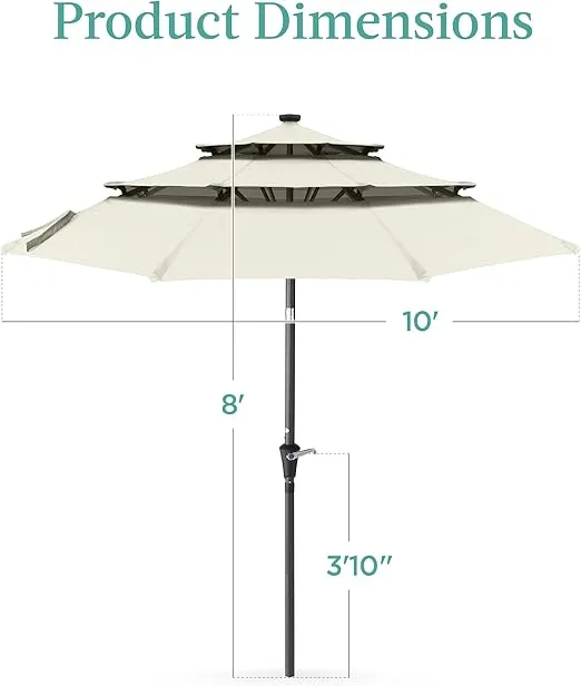 Best Choice Products 10ft 3-Tier Solar Patio Umbrella, Outdoor Market Sun Shade for Backyard, Deck, Poolside w/ 24 LED Lights, Tilt Adjustment, Easy Crank, 8 Ribs - Ivory